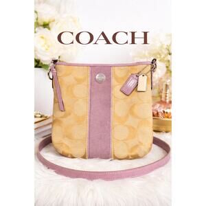 B5. Coach Signature Striped Crossbody Lavender /Tan Canvas W/Patent leather Trim